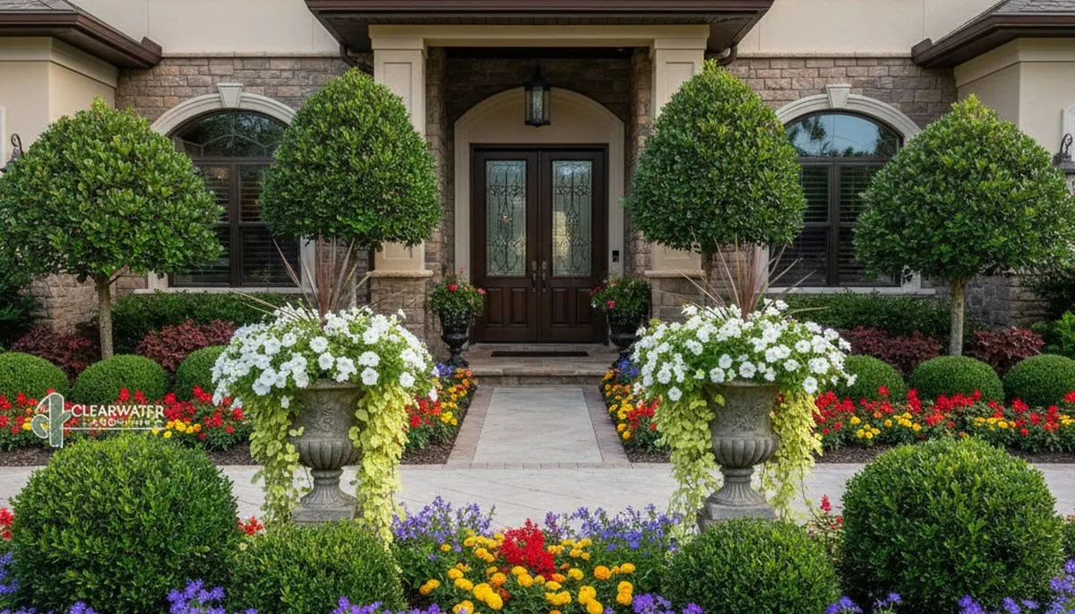 Front yard landscape design with vibrant plants and shrubs by Chop Chop Landscaping in Clearwater, FL