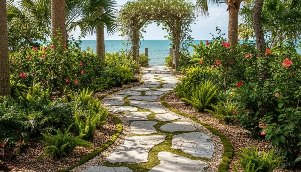 Curved stone paver pathway in landscaped yard by Chop Chop Landscaping Clearwater FL