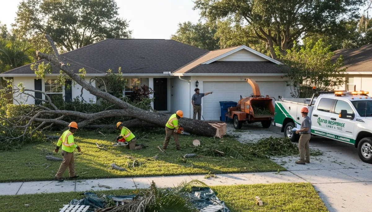 Storm damage debris removal and yard cleanup by landscaping crew in Clearwater, FL